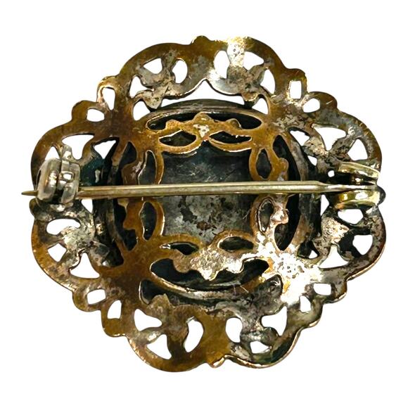 Vintage Blue Swirl Czech Glass Cabochon Gold Tone Brass Filigree Frame Brooch - Picture 3 of 5